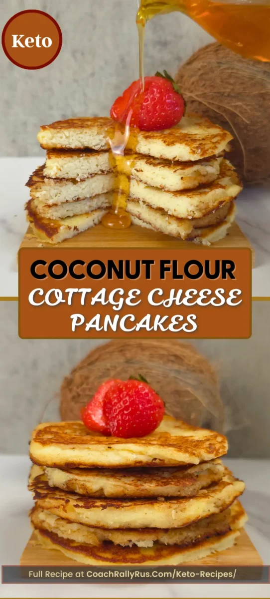 Keto coconut flour cottage cheese pancakes with syrup pour and sliced stack