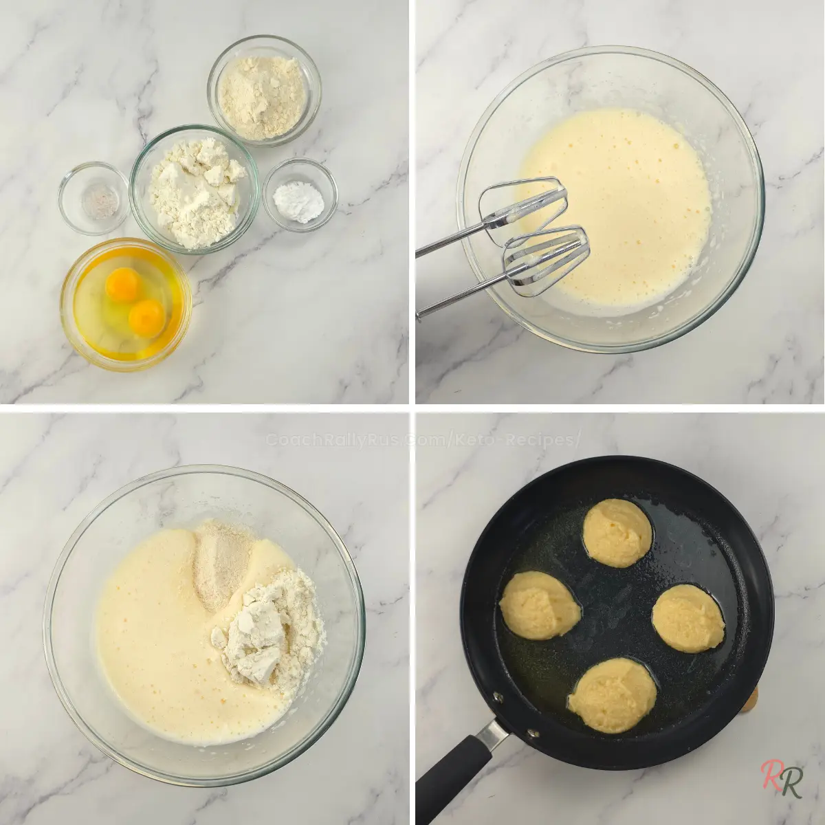 4-step collage showing how to make keto coconut flour pancake batter and cook it in a pan