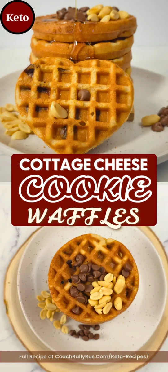 Heart-shaped and round keto cookie waffles made with cottage cheese and almond flour, drizzled with syrup, and topped with peanuts and chocolate chips by Rally Rus