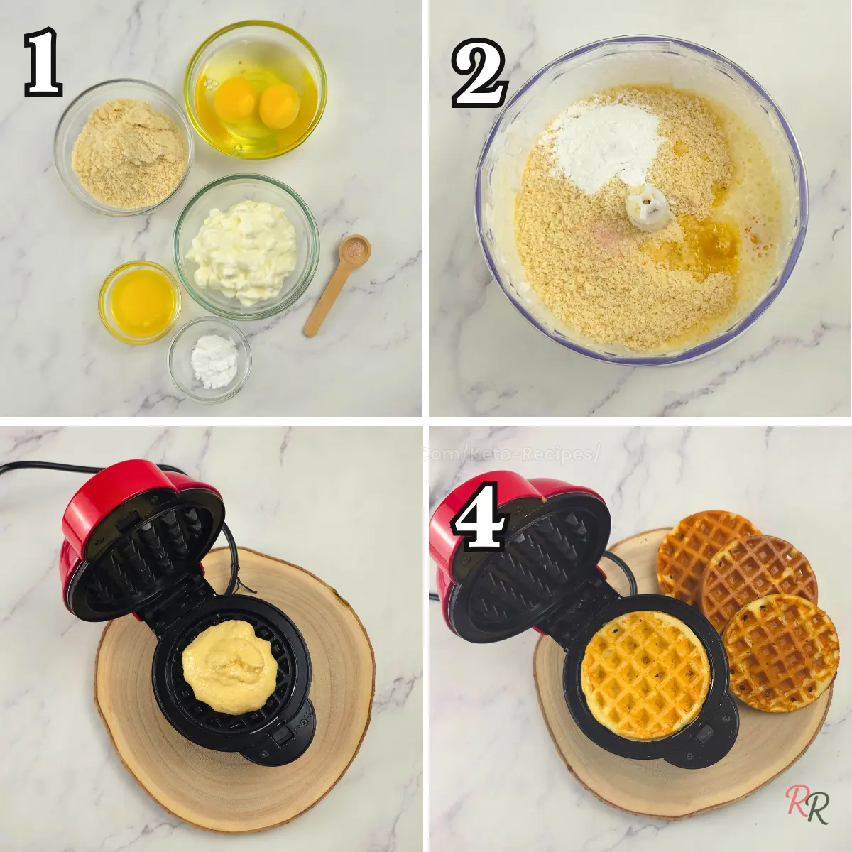Step-by-step photos showing how to make keto cottage cheese waffles with almond flour in a blender – by Rally Rus.