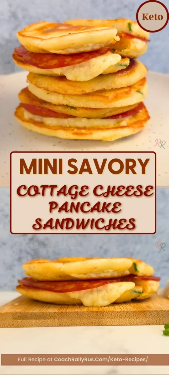 Keto mini savory cottage cheese pancake sandwiches stacked with cheese and pepperoni