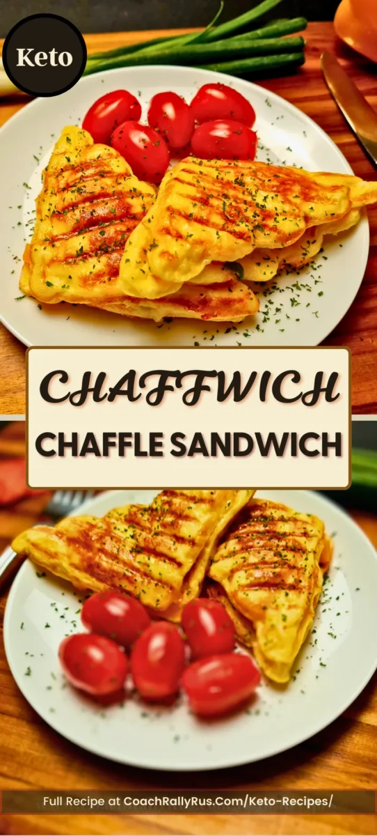 Keto Chaffwich sandwich made with crispy chaffles, filled with cheese, pepperoni, and fresh veggies by Rally Rus