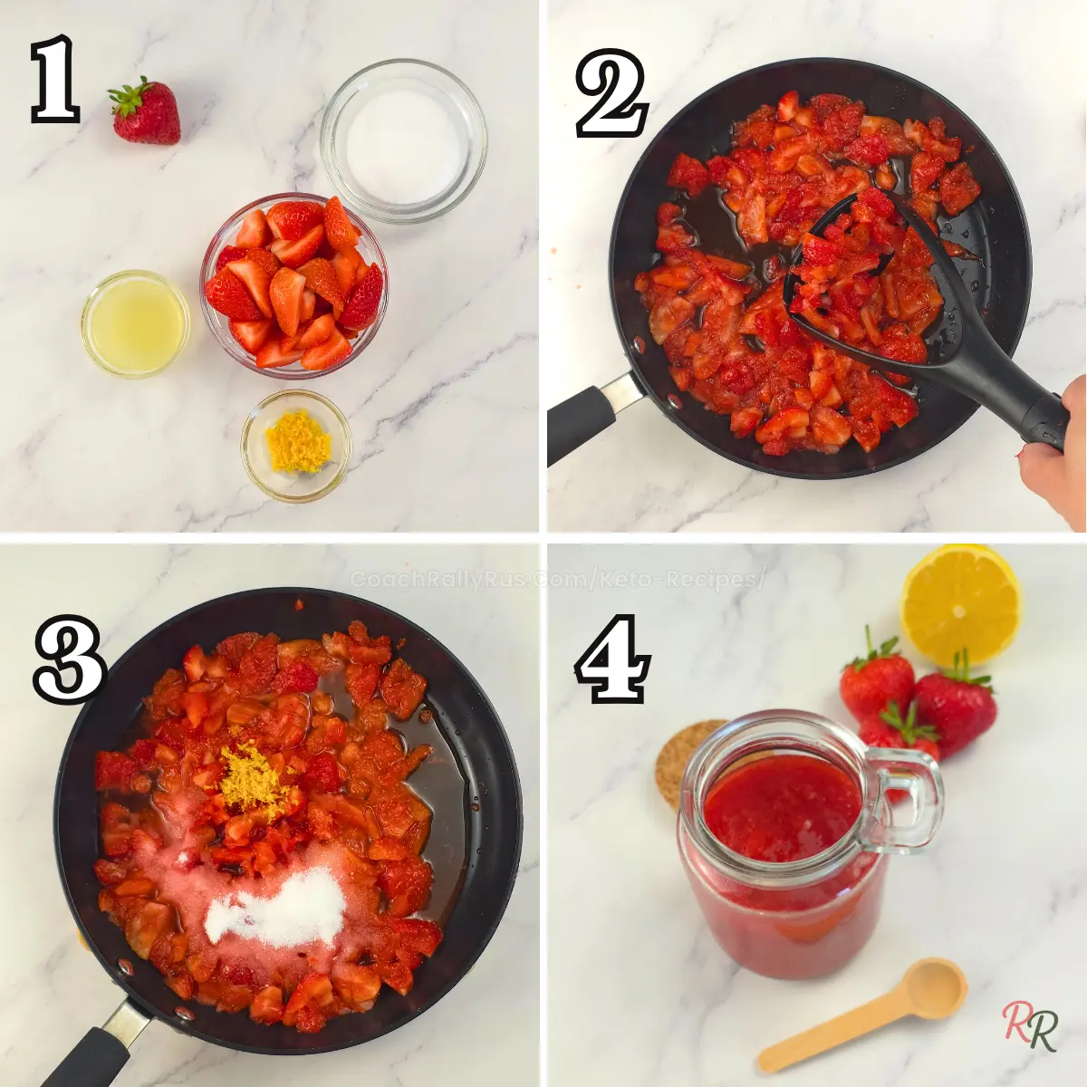 Step-by-step keto strawberry jam: berries, lemon, sweetener, mash, simmer, jar