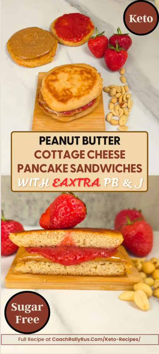Peanut butter cottage cheese pancake sandwiches with strawberry jam and peanuts, styled on a white marble background with fresh strawberries