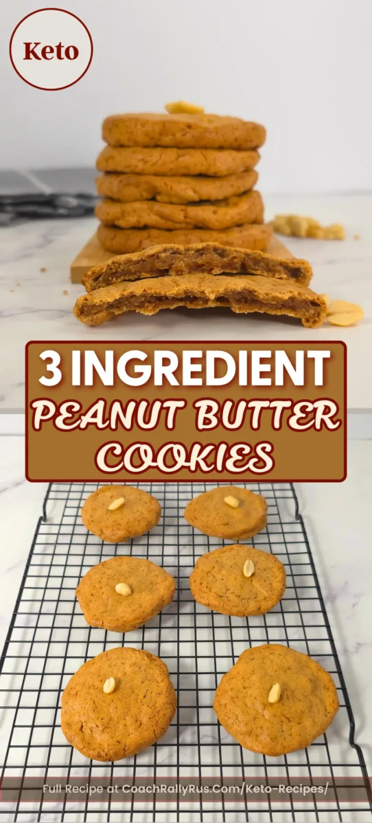 3 Ingredient Keto Peanut Butter Cookies Recipe 3 ingredient keto peanut butter cookies stacked and cooling on rack, flourless and sugar free.