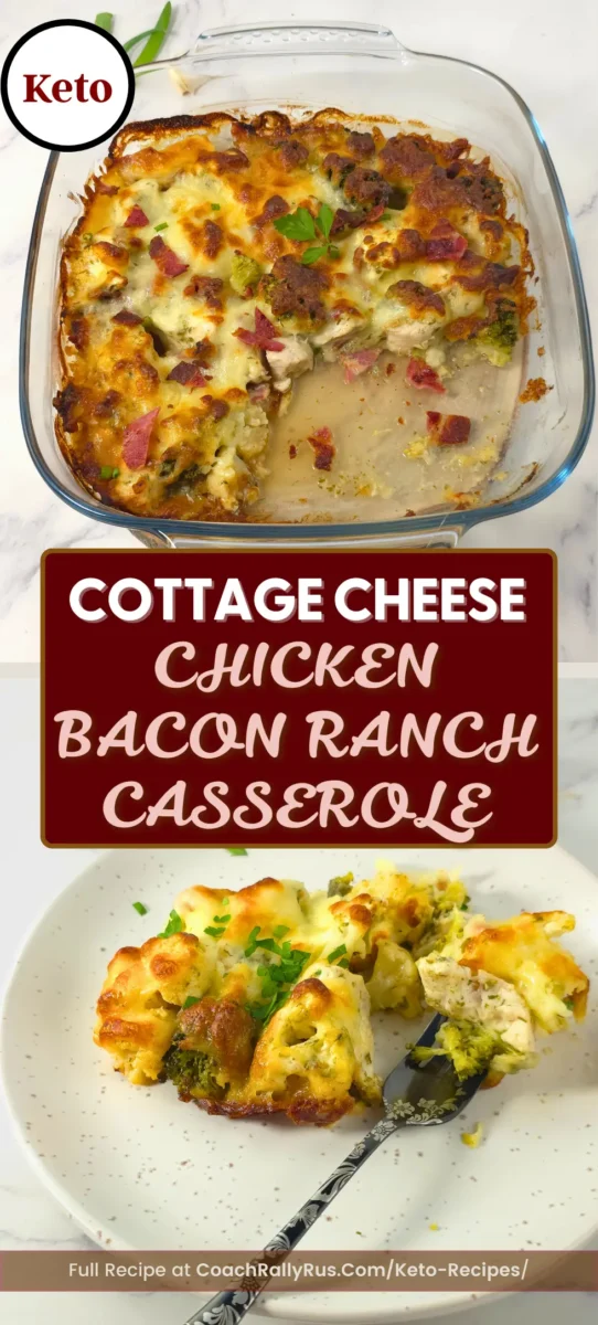 Cottage Cheese Keto Chicken Bacon Ranch Casserole Recipe Keto Chicken Bacon Ranch Casserole with cottage cheese, crispy bacon, golden melted cheese, and broccoli florets in a glass baking dish.