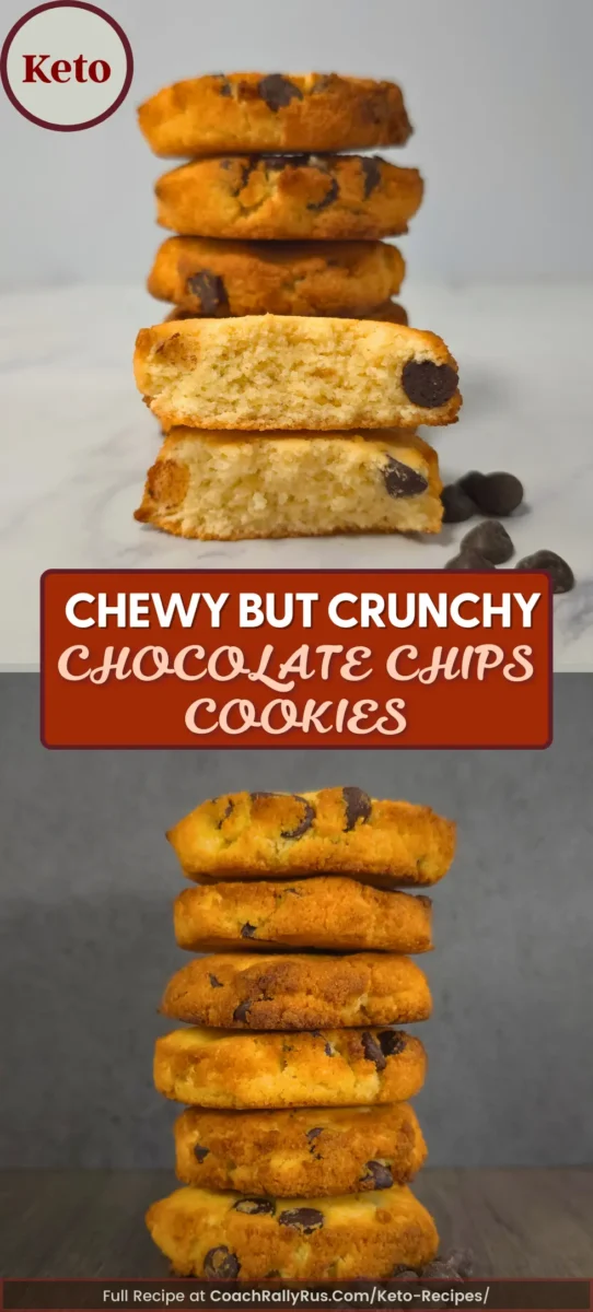 Chewy But Crunchy Keto Chocolate Chip Cookies Pinterest image of chewy healthy sugar free, gluten free, low carb, keto chocolate chip cookies with golden edges and soft center