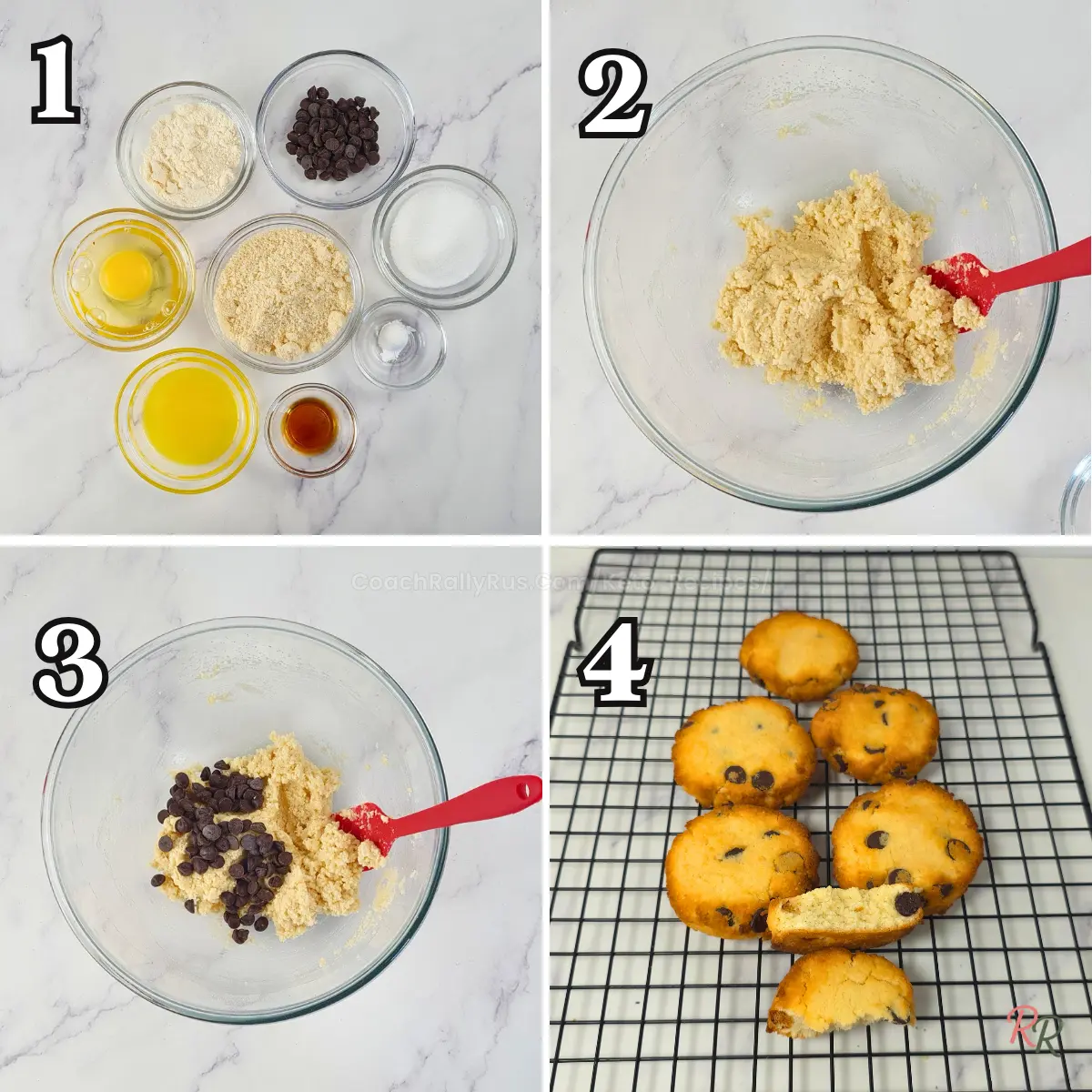 Low Carb Chocolate Chip Cookies Step-by-Step Process Step-by-step process for making chewy keto chocolate chip cookies with almond and coconut flour