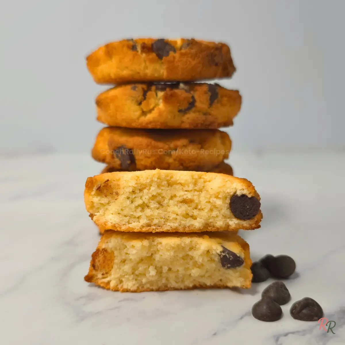 Keto Chocolate Chips Cookies - Sugar Free & Gluten Free Close-up of sliced keto chocolate chip cookies showing soft, fluffy texture inside