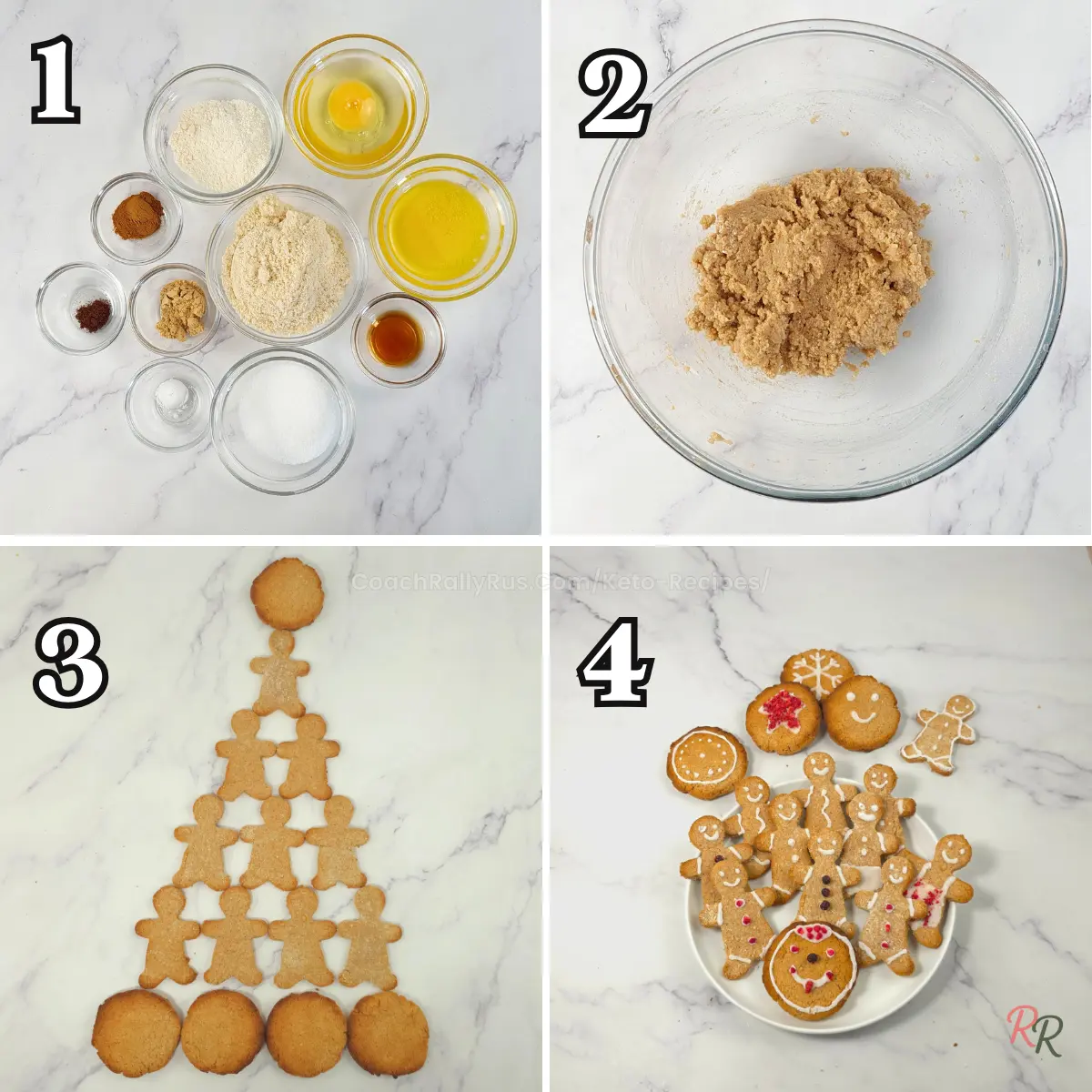 Step-by-step photos of keto gingerbread cookie recipe with ingredients, dough, shaped cookies, and final decorated cookies