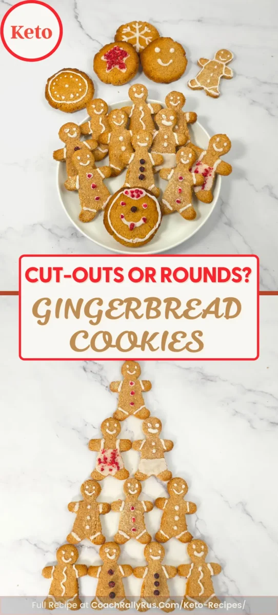 Cut-out and round keto gingerbread cookies decorated with icing and freeze-dried berries on a white plate