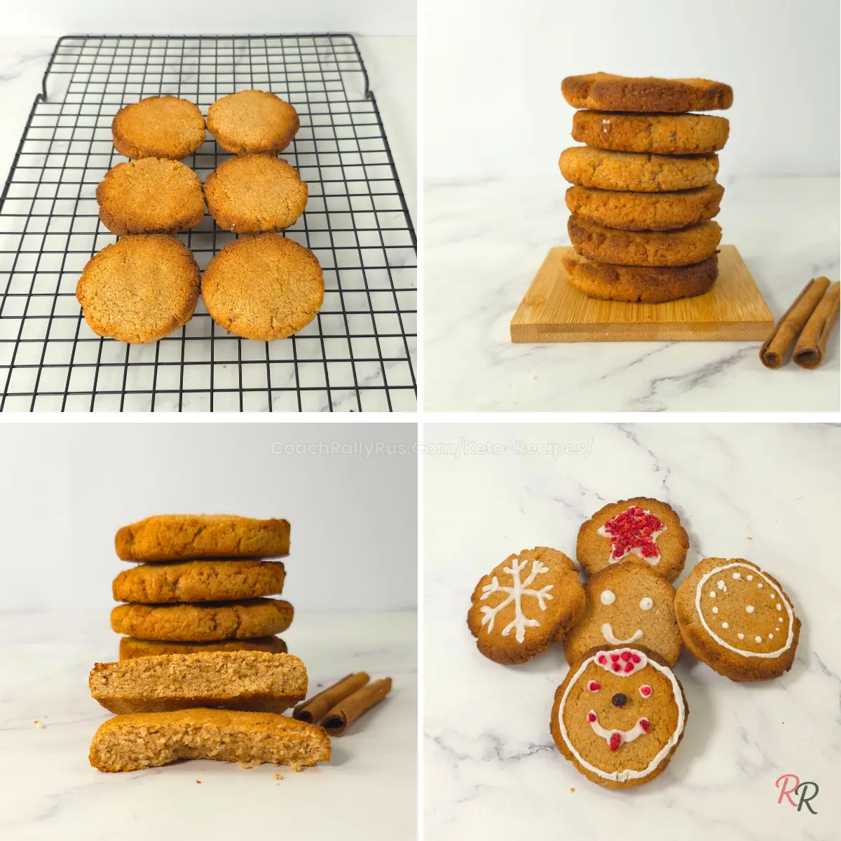 Round keto gingerbread cookies shown cooling, stacked, cross-sectioned, and decorated with icing