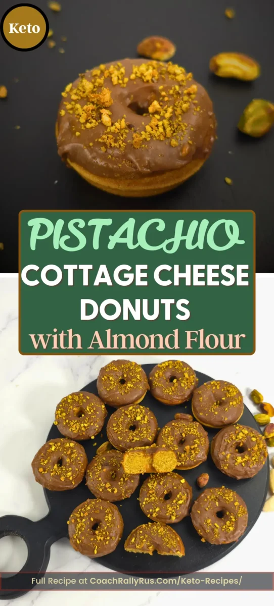 Keto pistachio cottage cheese donuts made with almond flour, glazed with sugar-free chocolate and sprinkled with crushed pistachios