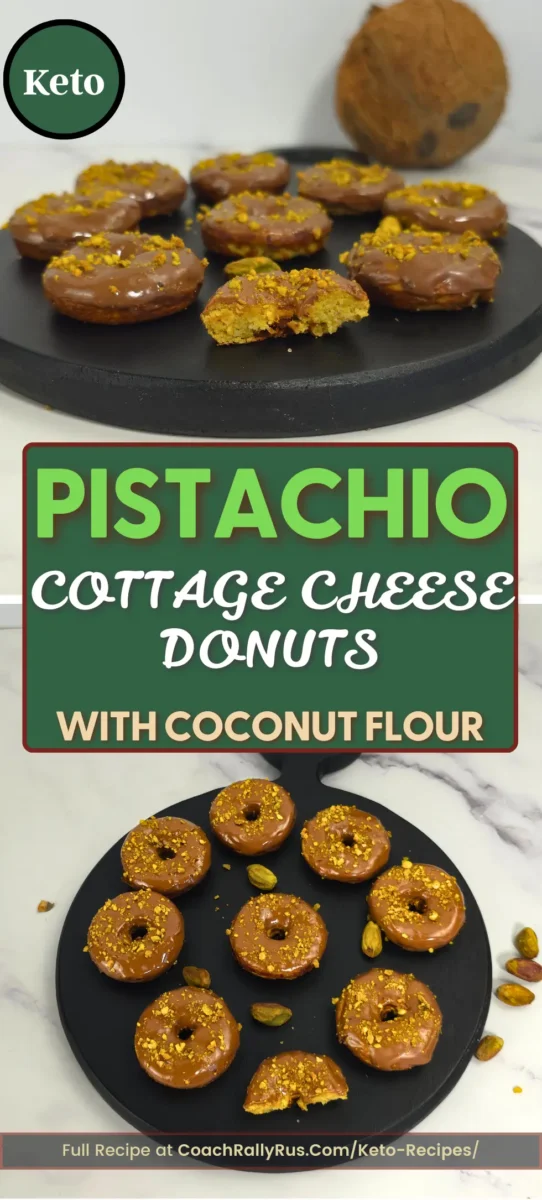 Keto pistachio cottage cheese donuts topped with chocolate glaze and crushed pistachios on a black round tray – by Rally Rus