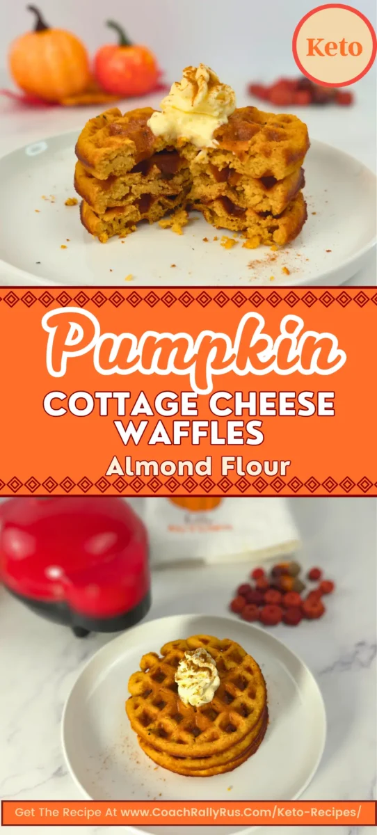 Tall pin showing keto pumpkin cottage cheese waffles with almond flour