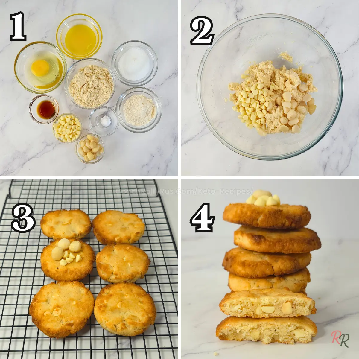 Sugar Free Keto White Chocolate Macadamia Cookies Step-by-step keto white chocolate macadamia cookies recipe with ingredients, mixing, baking, and final cookies.
