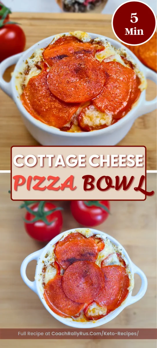 Low carb cottage cheese pizza bowl topped with pepperoni and gooey mozzarella.