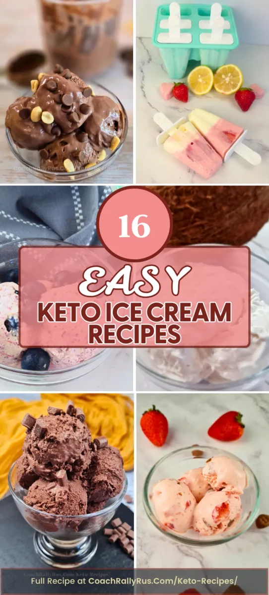 A collage of six keto ice cream photos including scoops and popsicles in chocolate, berry, and vanilla flavors. Text overlay says "16 Easy Keto Ice Cream Recipes".