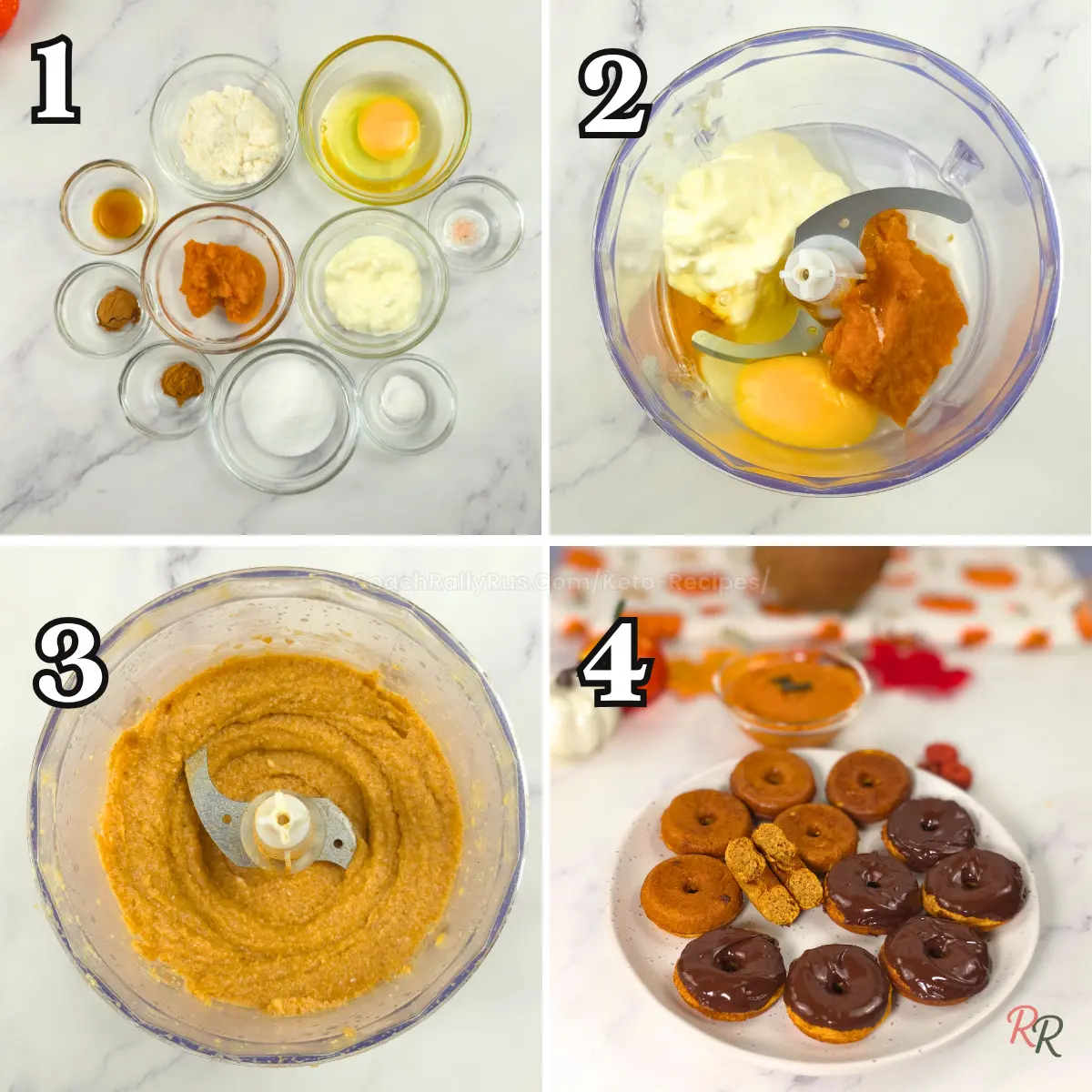 How To Make Keto Pumpkin Cottage Cheese Donuts with Coconut Flour Step by step making coconut flour keto pumpkin cottage cheese donuts - ingredients, blending wet mix, batter, and finished mini donuts