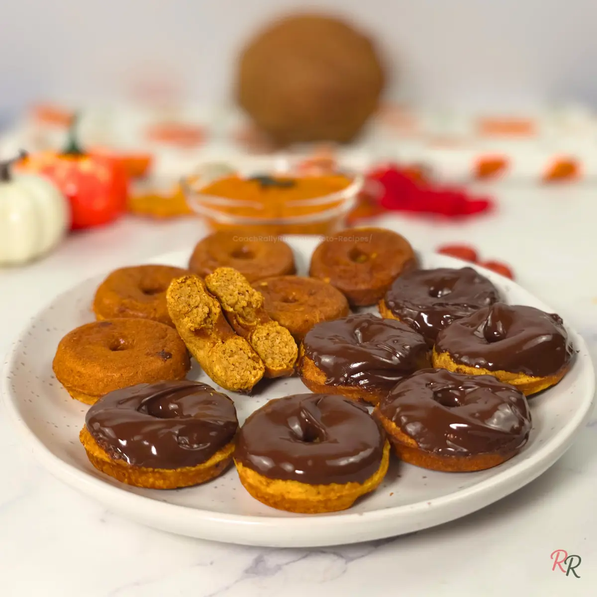 Chocolate Glazed Coconut Flour Pumpkin Cottage Cheese Donuts Close up of coconut flour keto pumpkin donuts, chocolate dipped and plain, on a white plate.