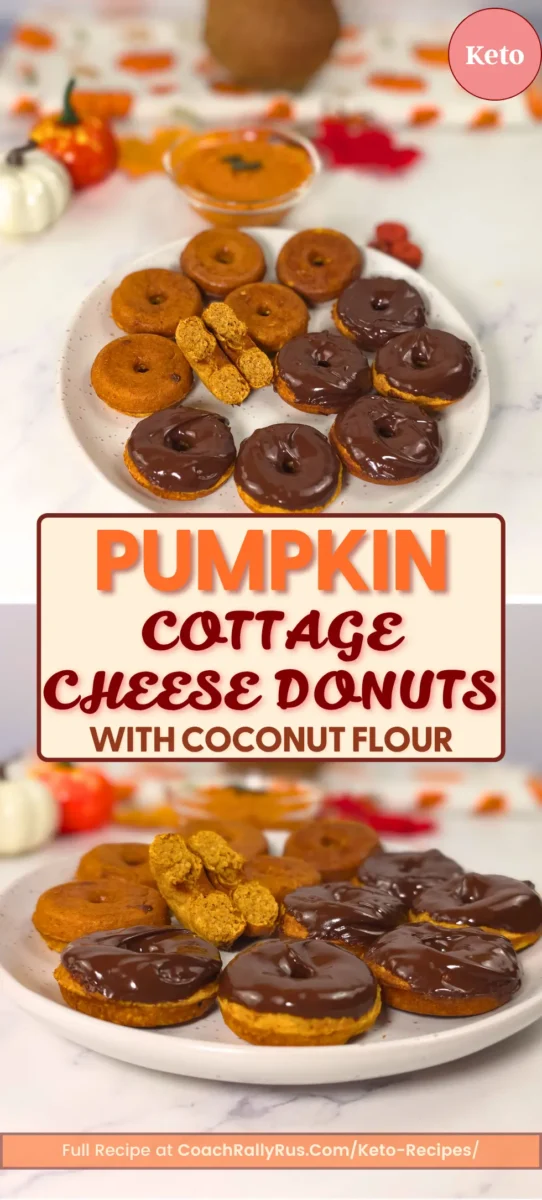 Pumpkin Cottage Cheese Donuts with Coconut Flour Pinterest pin showing keto pumpkin cottage cheese donuts with coconut flour, some plain and some chocolate dipped