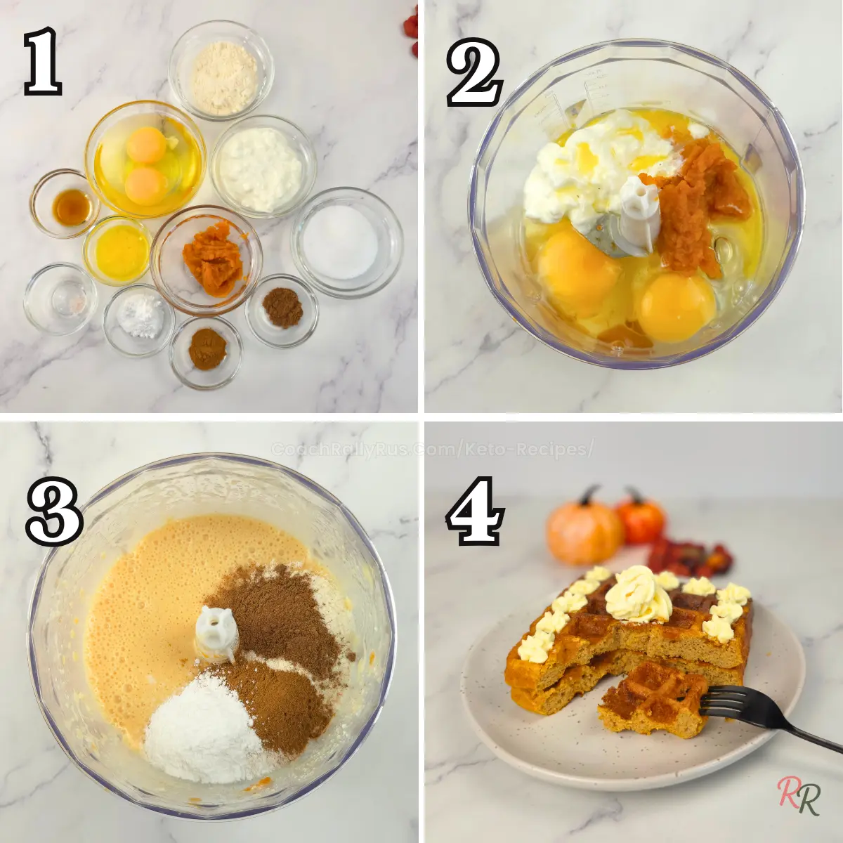 Step-by-step process collage for keto pumpkin cottage cheese waffles with coconut flour.