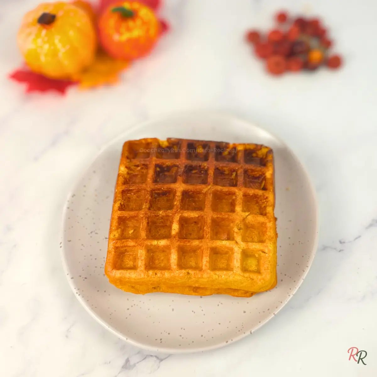 Square coconut flour pumpkin waffle on a plate with fall decor
