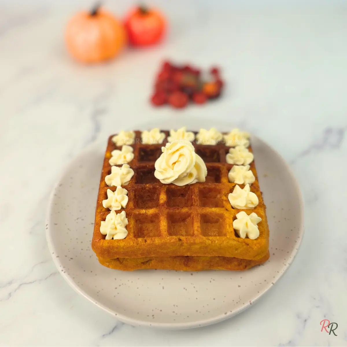 Coconut flour pumpkin waffle topped with piped cream