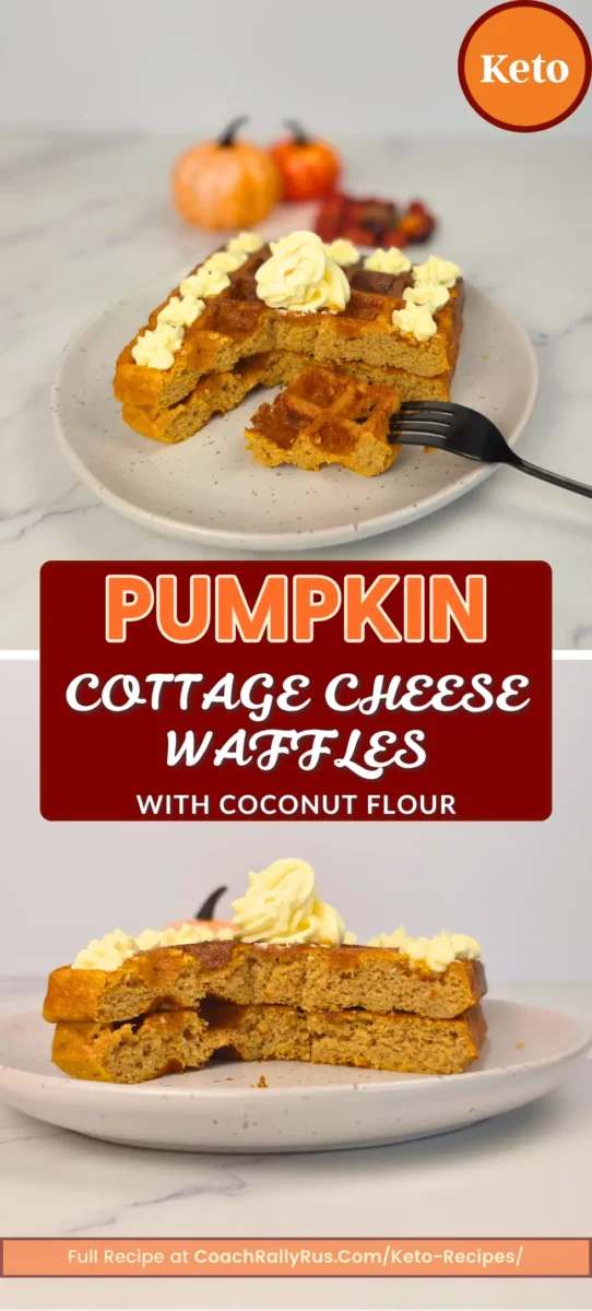 Pinterest pin showing keto pumpkin cottage cheese waffles with coconut flour and recipe link.