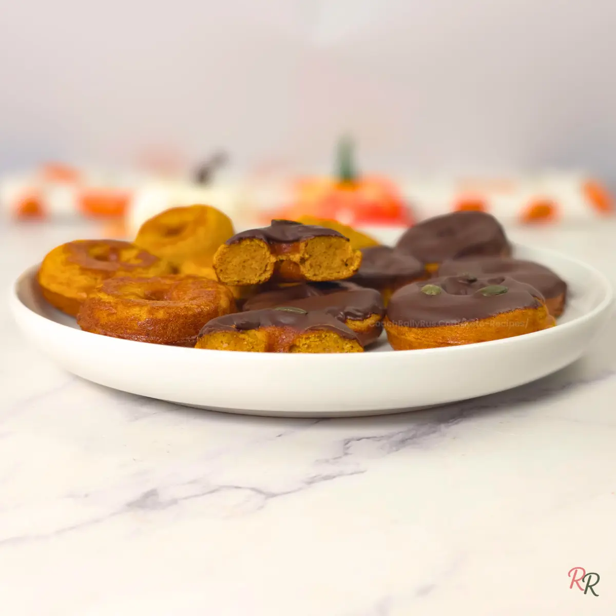 High Protein Low Carb Pumpkin Cottage Cheese Donuts Almond Flour Recipe Chewy keto pumpkin cottage cheese donuts with almond flour, chocolate dipped and plain