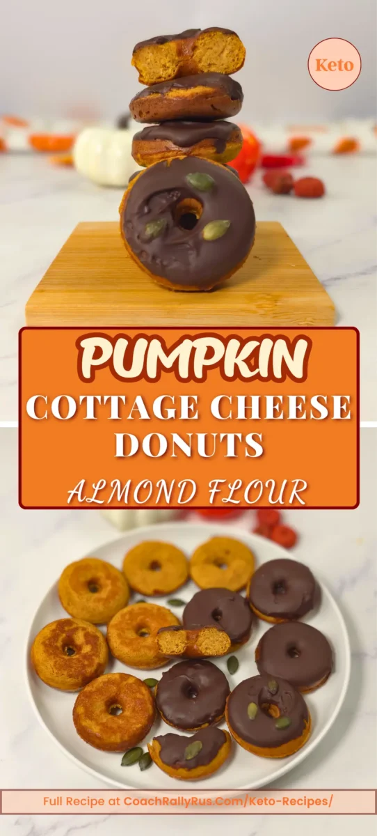 Keto Pumpkin Cottage Cheese Donuts with Almond Flour Tall Pinterest graphic of keto pumpkin donuts made with cottage cheese and almond flour, with text overlay “Pumpkin Cottage Cheese Donuts Almond Flour.”