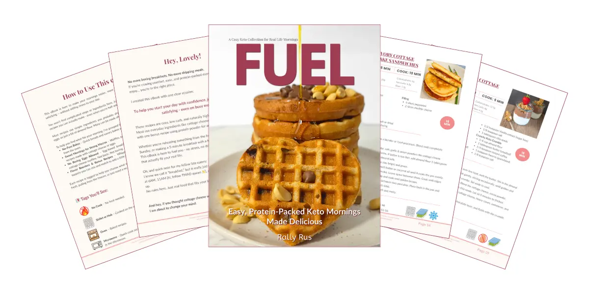 FUEL eBook Cover with Sample Pages – High-Protein Keto Breakfast Recipes eBook cover and recipe pages from "FUEL: Easy, Protein-Packed Keto Mornings Made Delicious" by Rally Rus