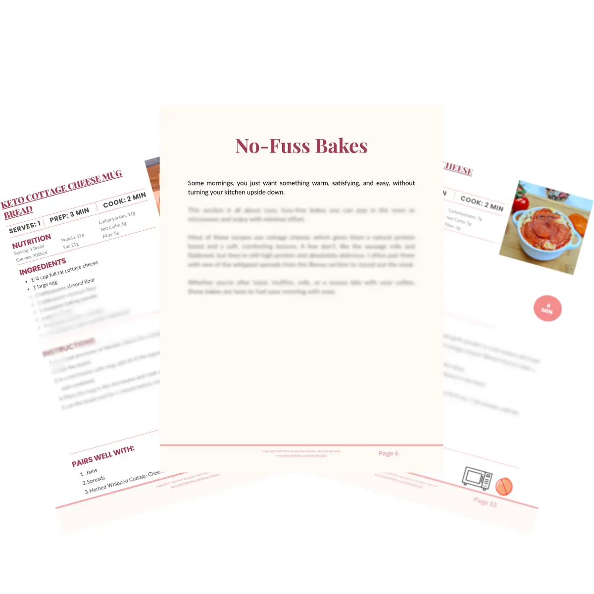 Inside Look at No-Fuss Bakes from FUEL – Keto Breakfast eBook Preview of the "No-Fuss Bakes" section with blurred recipe pages from the FUEL keto breakfast eBook