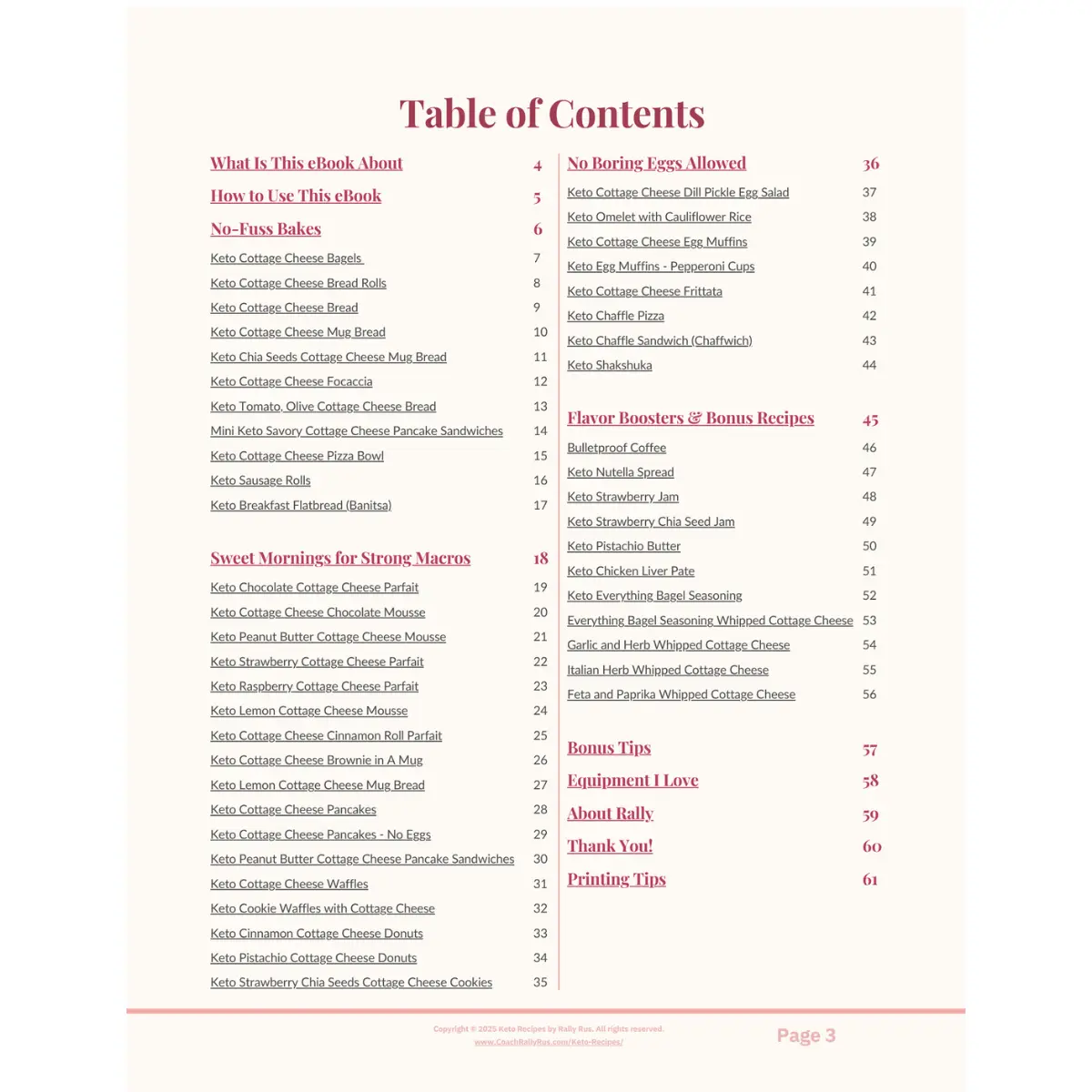 FUEL Keto Breakfast eBook Table of Contents Table of contents from the "FUEL" high-protein keto breakfast eBook, listing 40+ recipes and bonus content sections