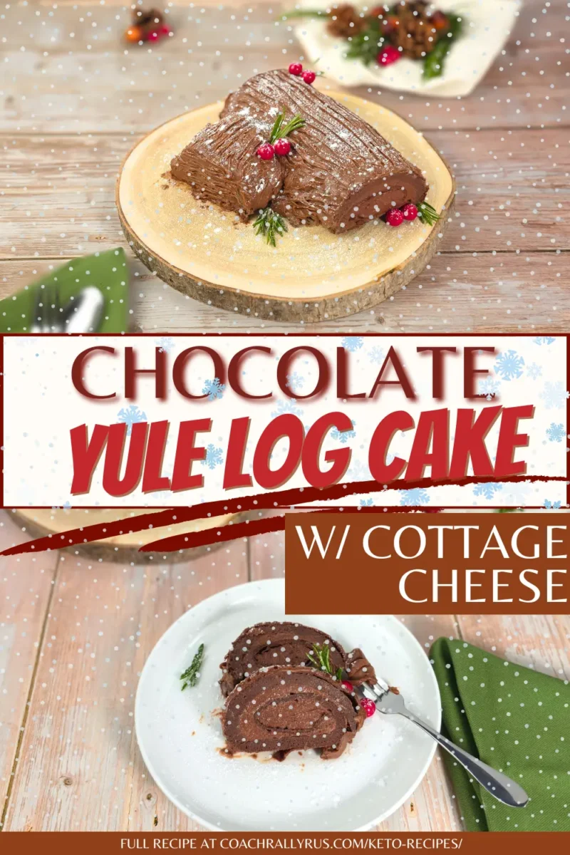 Overhead shot of a flourless keto chocolate yule log cake with cottage cheese dusted with powdered sweetener on a wooden board.