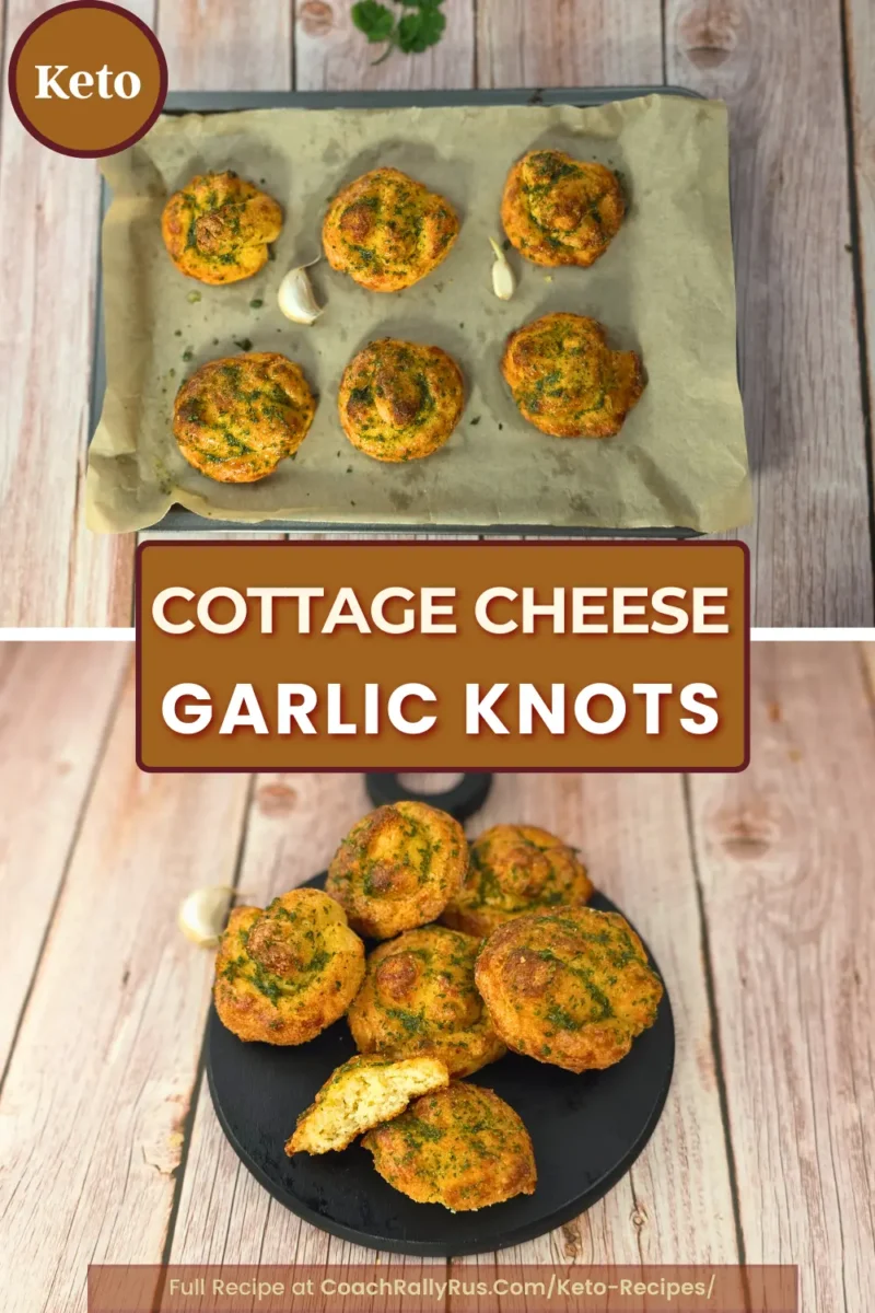 Keto cottage cheese garlic knots stacked and served on a black board and tray, with garlic cloves and fresh parsley.