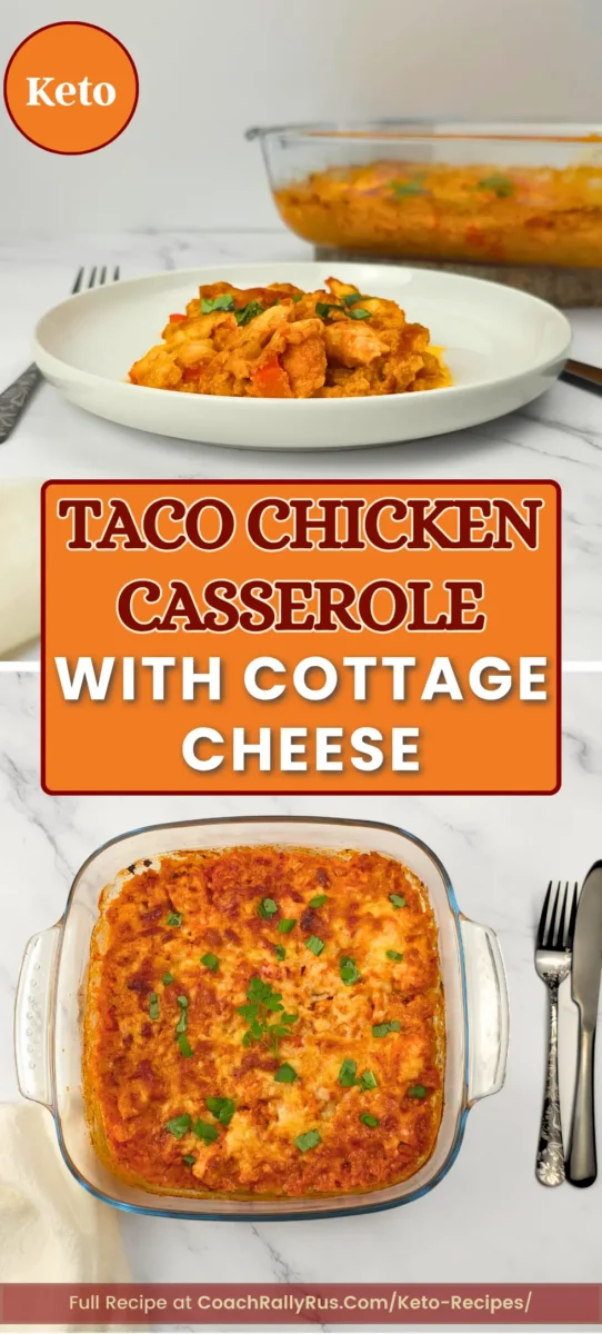 Keto Taco Chicken Casserole with Cottage Cheese – Low Carb, High Protein Keto Taco Chicken Casserole with Cottage Cheese served on a white plate in front of a glass baking dish, topped with herbs