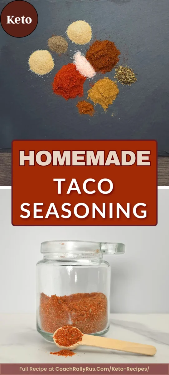Graphic pin of keto taco seasoning spices and filled jar.