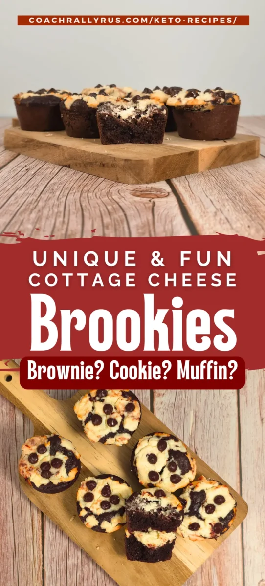 Pinterest collage of cottage cheese brookie muffins on wood background.
