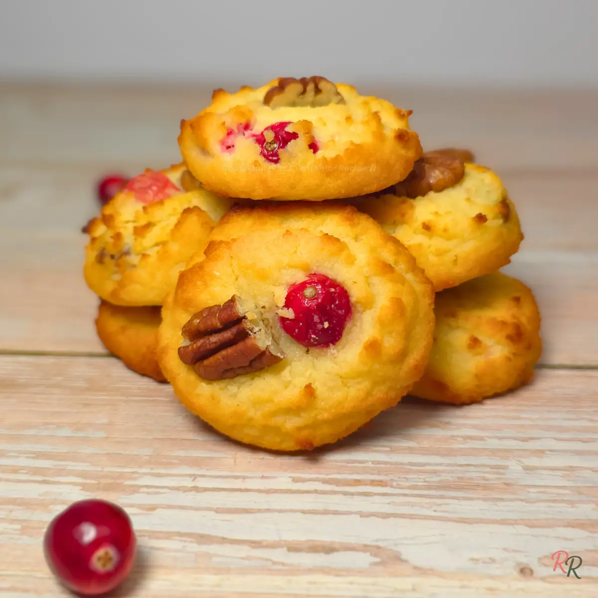 Sugar Free Keto Cranberry Cottage Cheese Cookies with Pecans Stacked keto cranberry cottage cheese cookies with pecans, baked until golden and lightly crisp on the edges