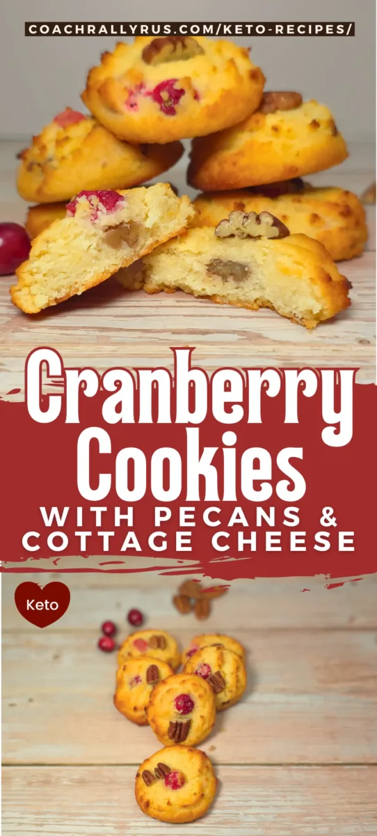 Keto Cranberry Cottage Cheese Cookies with Pecans (High Protein, Low Carb) Keto cranberry cottage cheese cookies with pecans, soft and golden, stacked and broken open to show a tender high-protein, low carb cookie texture.