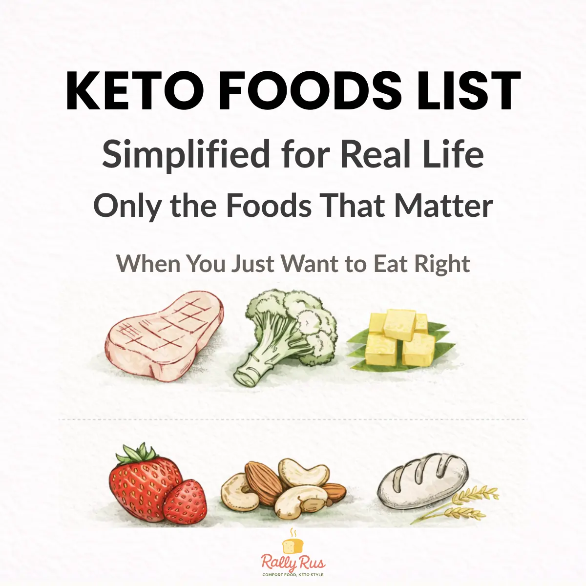 Cover image for the Keto Foods List Guide, focused on simplifying keto food choices for real life and reducing confusion caused by traditional keto food lists.