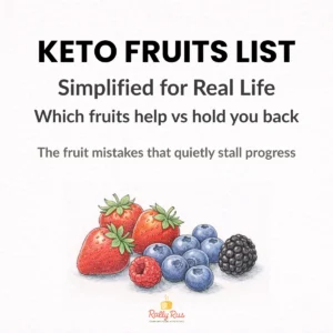 Keto friendly fruits like avocado, strawberries, blueberries, raspberries, and lemon illustrated on a keto fruits list guide