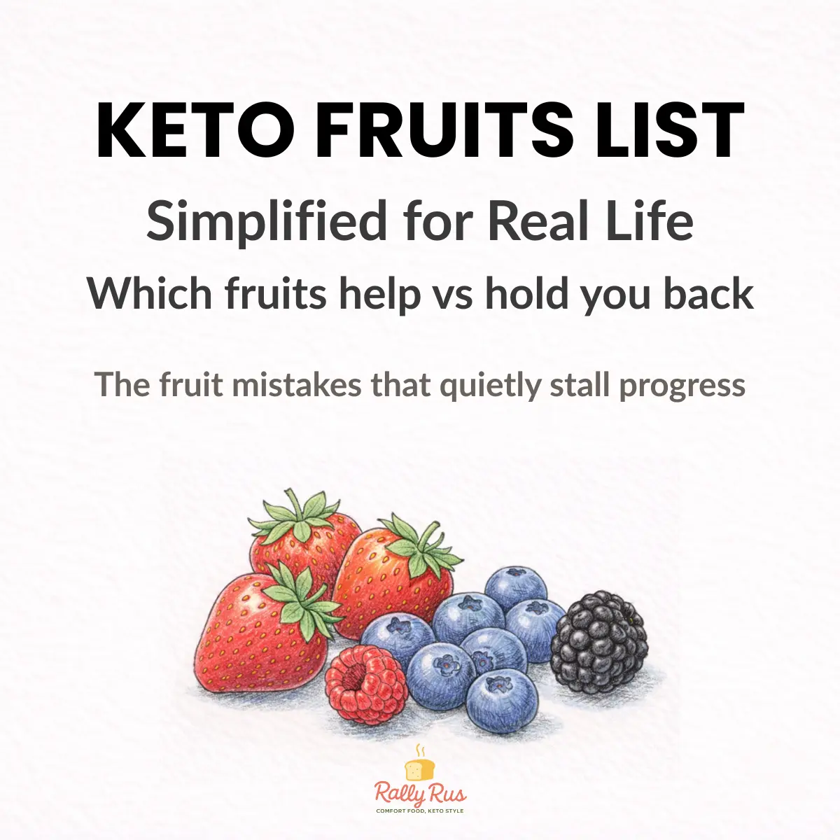 Keto friendly fruits like avocado, strawberries, blueberries, raspberries, and lemon illustrated on a keto fruits list guide