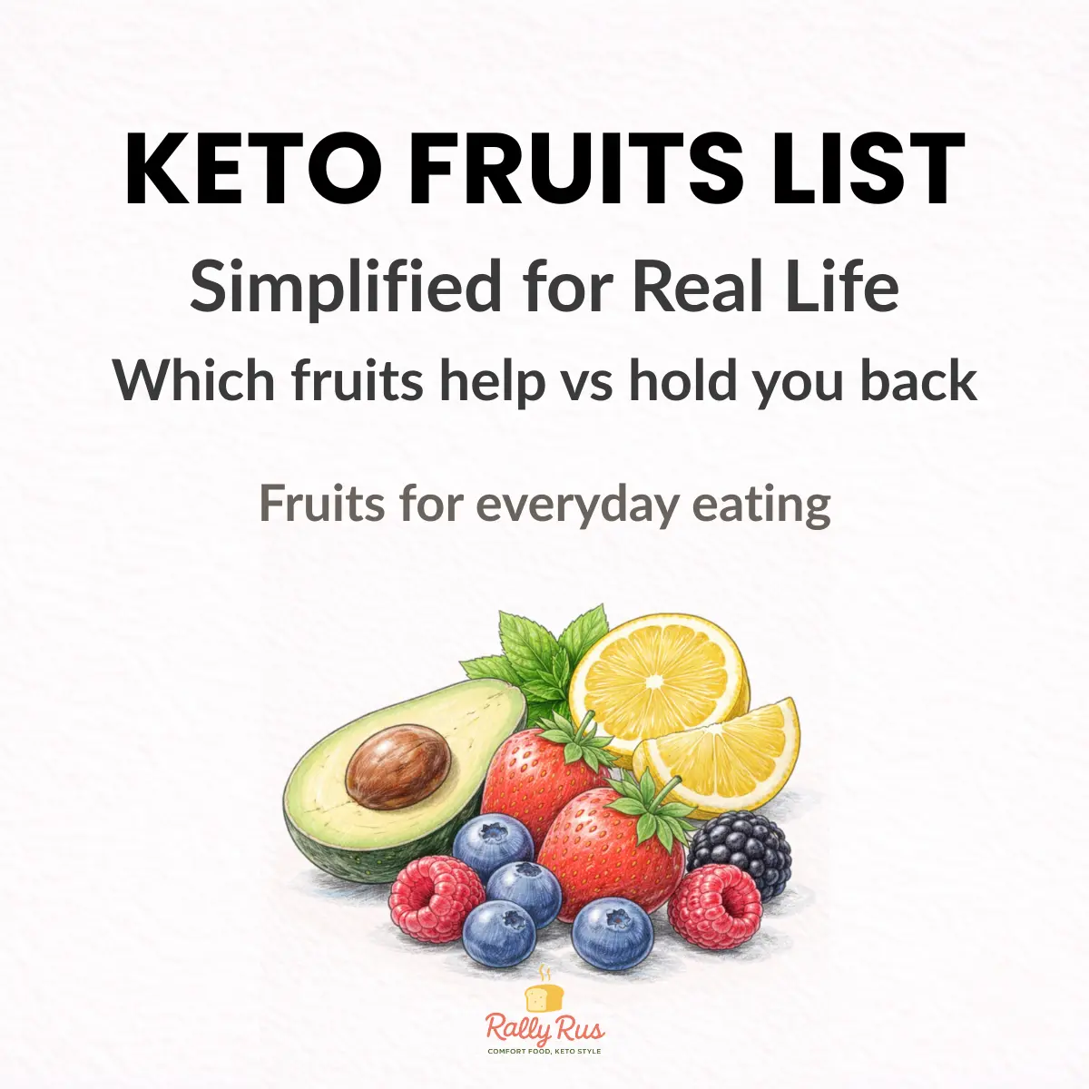 Low carb fruits like strawberries, blueberries, raspberries, and blackberries shown on a keto fruits guide