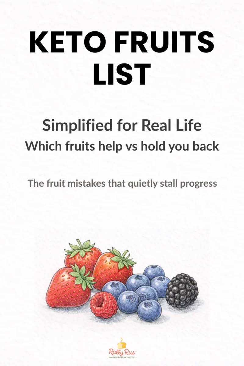 Illustrated keto fruits guide showing berries as fruits that can stall keto if overeaten