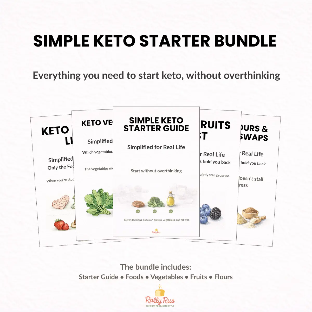 Simple Keto Starter Bundle including starter guide, keto foods list, vegetables, fruits, and flours guides
