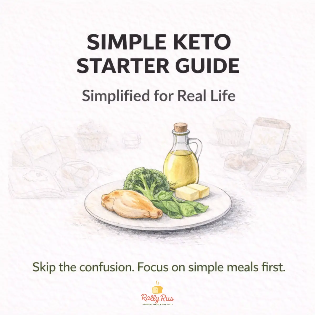 Simple keto meal plate with chicken, broccoli, butter, and olive oil