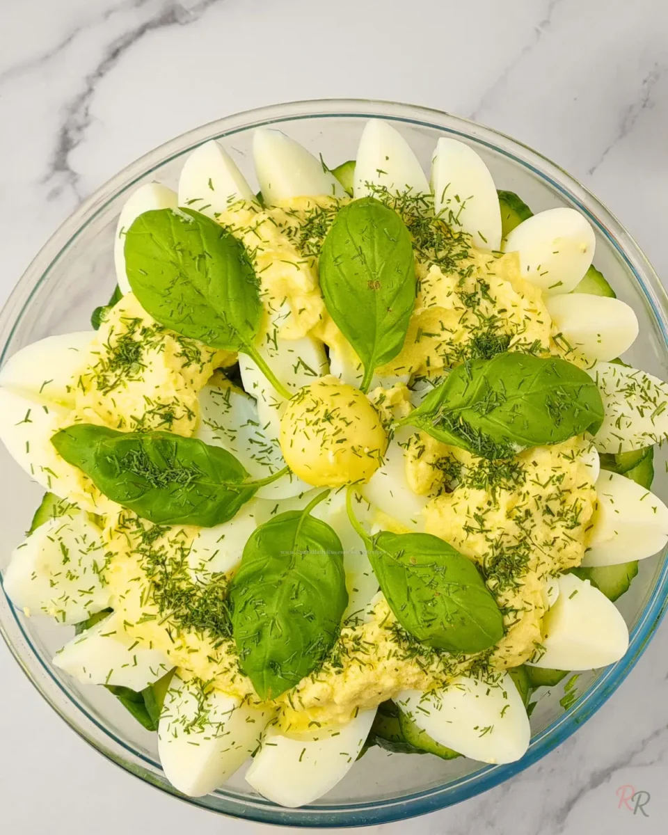 Glass bowl of keto egg salad without mayo topped with creamy yolk dressing, quartered eggs, fresh basil leaves, and dill