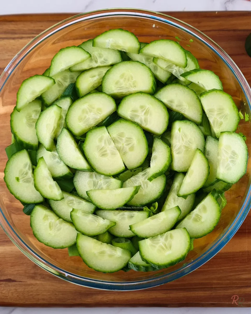Bowl of sliced cucumber and green onions for keto egg salad without mayo